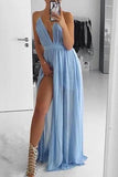 Sexy Light Sky Blue Chiffon Ruffled Deep V-Neck Spaghetti Straps Prom Dress Dresses