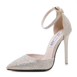 Silver Drilled Toe Stiletto Heels With Ankle Strap