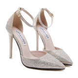 Silver Drilled Toe Stiletto Heels With Ankle Strap