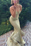 Sexy Strapless Mermaid Gold Sequined Evening Dress With Ruffles Dresses