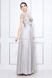 Silver Cap Sleeves Beaded Prom Formal Dress