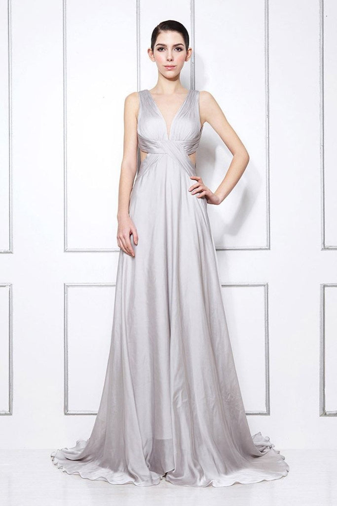 Silver Deep V-neck Cut Out Sexy Formal Evening Dress