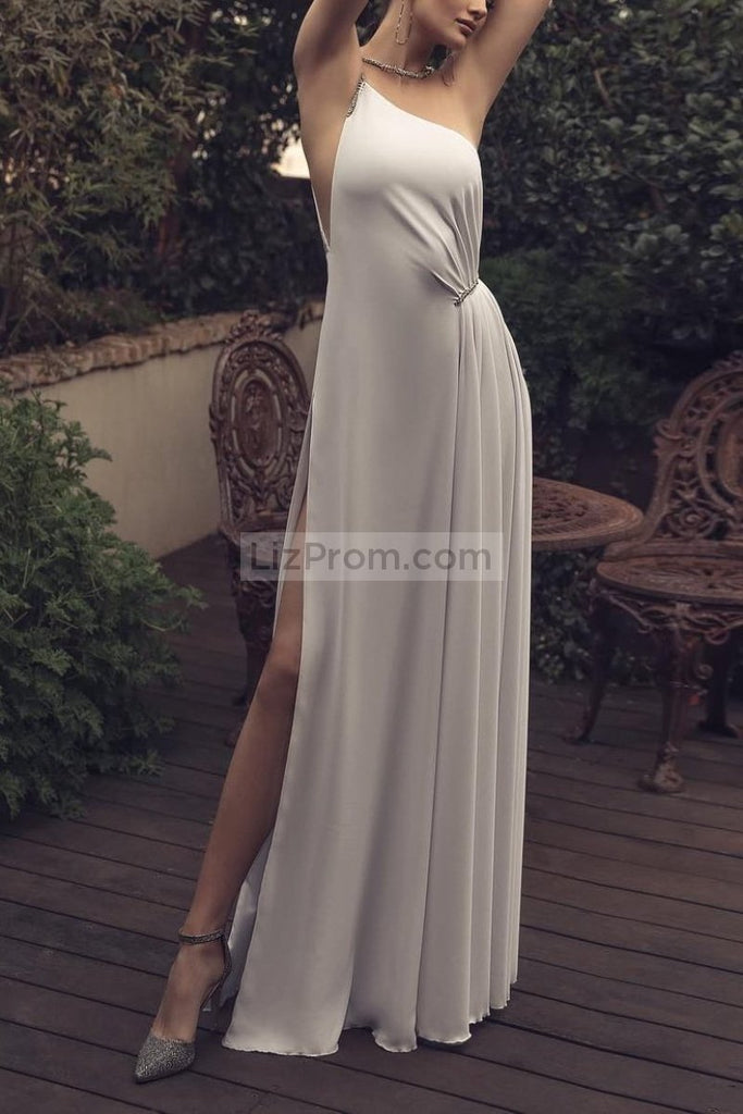 Simple White Rhinestone Slit One Shoulder Halter Prom Dress Dresses