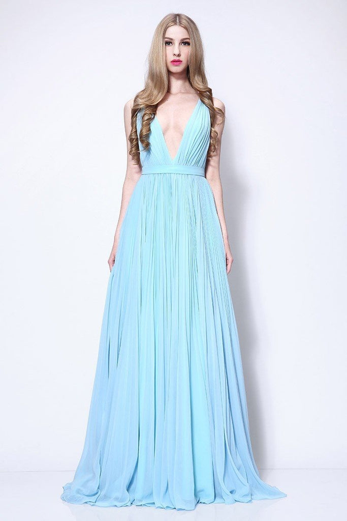 Sky Blue A-line Deep V-neck Pleated Prom Dress
