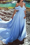 Sky Blue Chiffon A-Line Off Shoulder Prom Evening Dresses