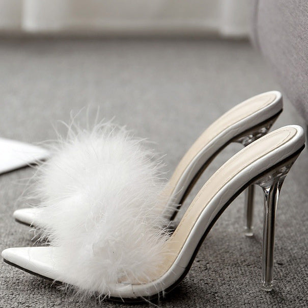 Stiletto High Heel Pointed Slide Sandals With Fur - Mislish