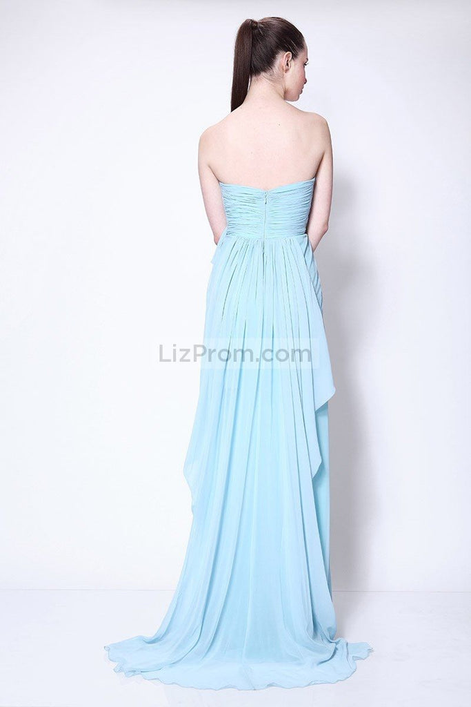 Strapless Sky Blue Ruffled Brideamaid Prom Dress