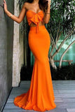 Two Pieces Orange Mermaid Ruffled Evening Dresses