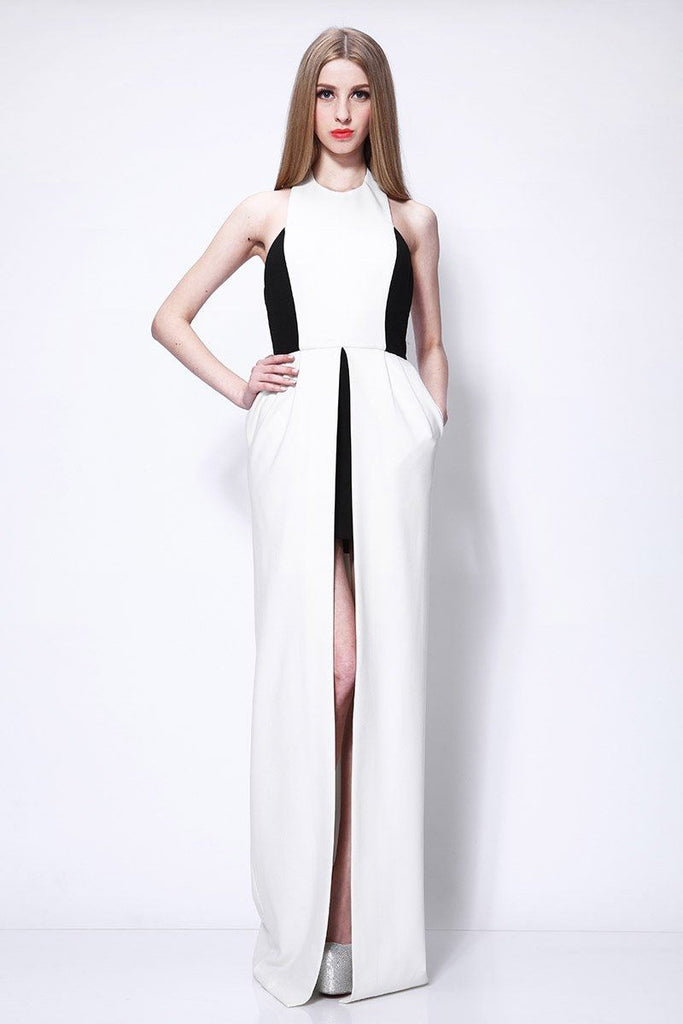 White And Black Halter Thigh-high Slit Prom Dress
