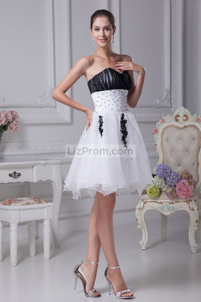 White And Black Strapless Sweet 16 Wedding Short Dress