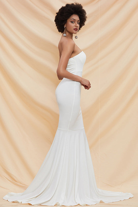 White Strapless Mermaid Formal  Gown Evening Dress