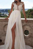 White Appliques Chiffon See Through Scoop High Slit Prom Dress
