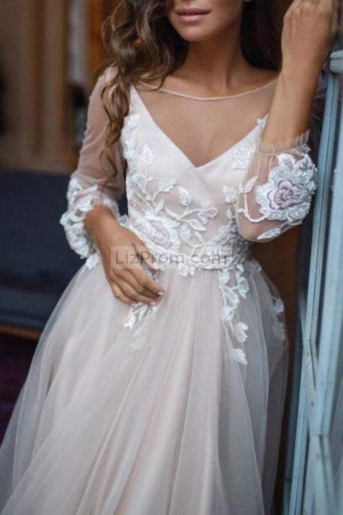 White Tulle Flower Lace Open Back Princess Wedding Ball Gown Dresses