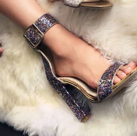 Sparkly Ankle Straps Glitter Chunky Heels Sandals - Mislish