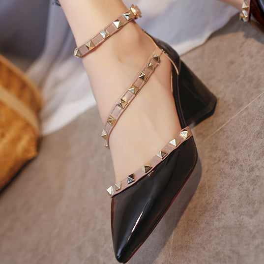 Chunky Heel Sandals Pumps Closed-toe Shoes With Rivet - Mislish
