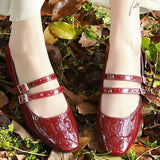 Patent Leather Low Heel Pumps With Buckle - Mislish