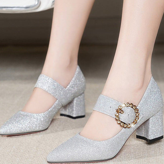 Sparkly Pointed Toe Pumps With Metal Buckle - Mislish