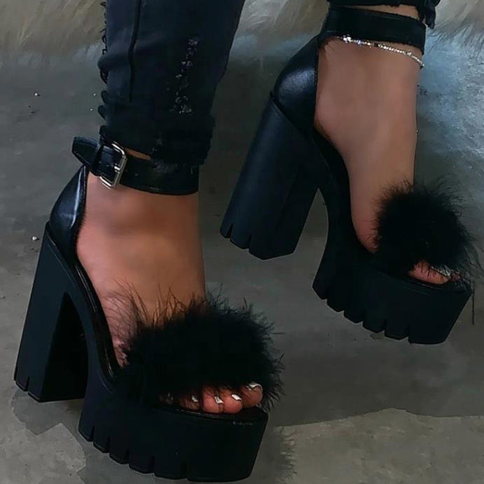 Platform Chunky Heel Ankle Strap Sandals With Fur - Mislish