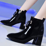 Pointed Toe Chunky Heels Ankle Boots With Zipper - Mislish