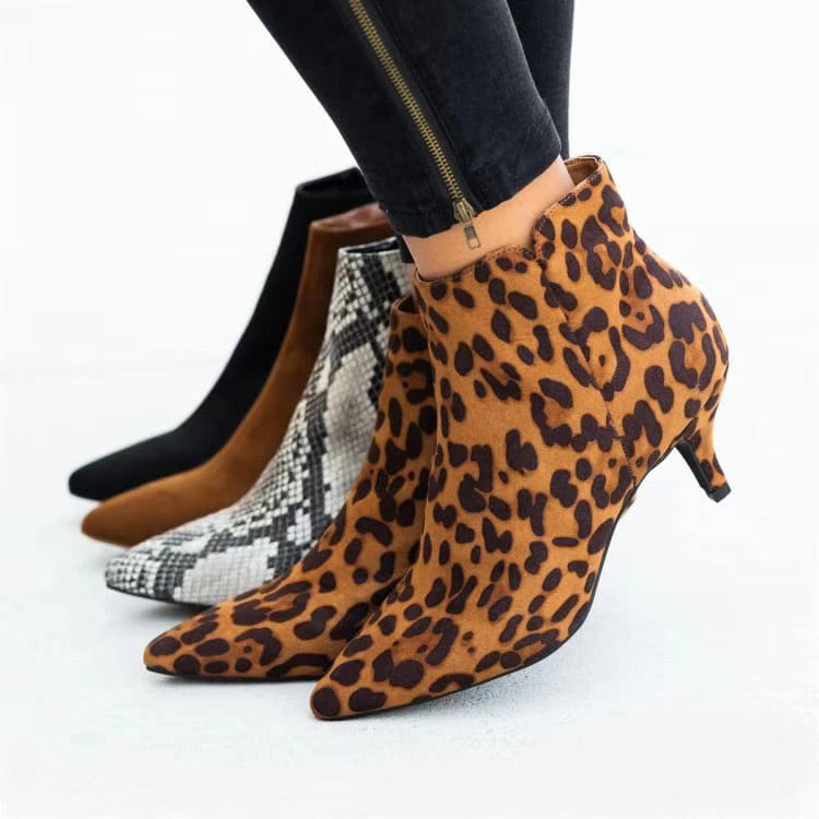 Women's Snake Print Stiletto Pointed Ankle Boots