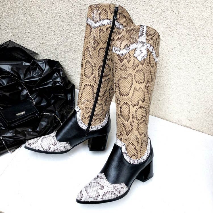 Snakeskin Print Pointed Toe Low Heels Boots - Mislish