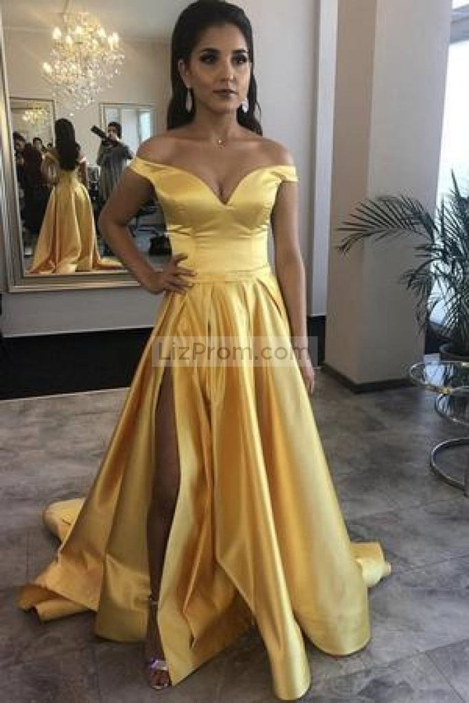 Yellow Off-The-Shoulder Thigh-High Slit Ball Gown Dresses