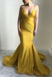 Yellow Mermaid V-Neck Open Back Spaghetti Straps Long Prom Dress Dresses