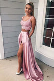 A-line Two Pieces Lace Thigh-high Slit Prom Dress