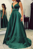 A-line green low v-neck prom dress