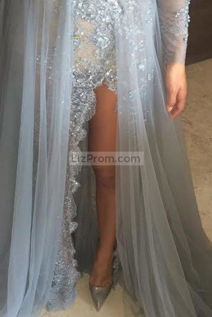 Off-the-Shoulder Long Sleeves Beaded Lace Prom Evening Dress