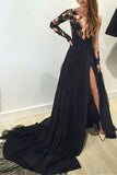 A-Line Long Sleeves Applique Thigh-high Slit Prom Dress