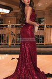 Sexy Burgundy Sleeveless Cowl Slit Sequined Mermaid Long Prom Dress Dresses