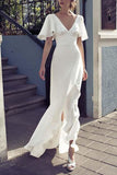 White Open Back High Low V-neck Evening Dress With Short Sleeves