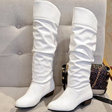 Women's Leatherette Low Heel Long Boots - Mislish