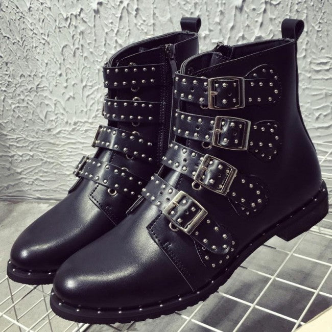 Rivet Ankle Boots With Metal Buckles - Mislish
