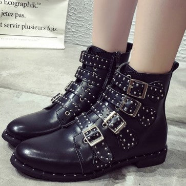 Rivet Ankle Boots With Metal Buckles - Mislish