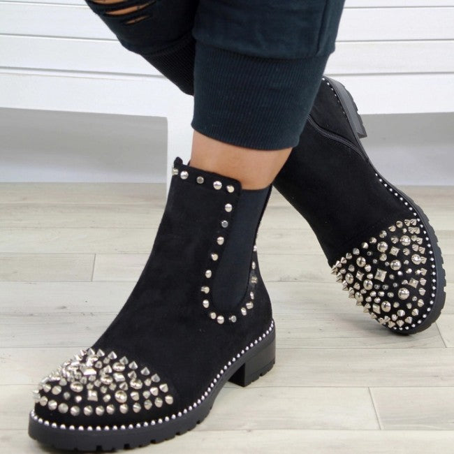 Round Toe Zipper Ankle Boots With Rivets - Mislish